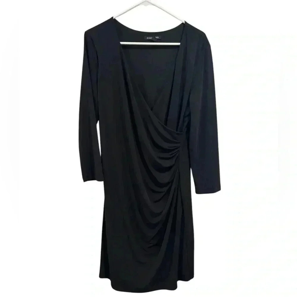 41 Hawthorn Wrap Dress Women's Large 3/4 Sleeve Black Polyester Classic Work